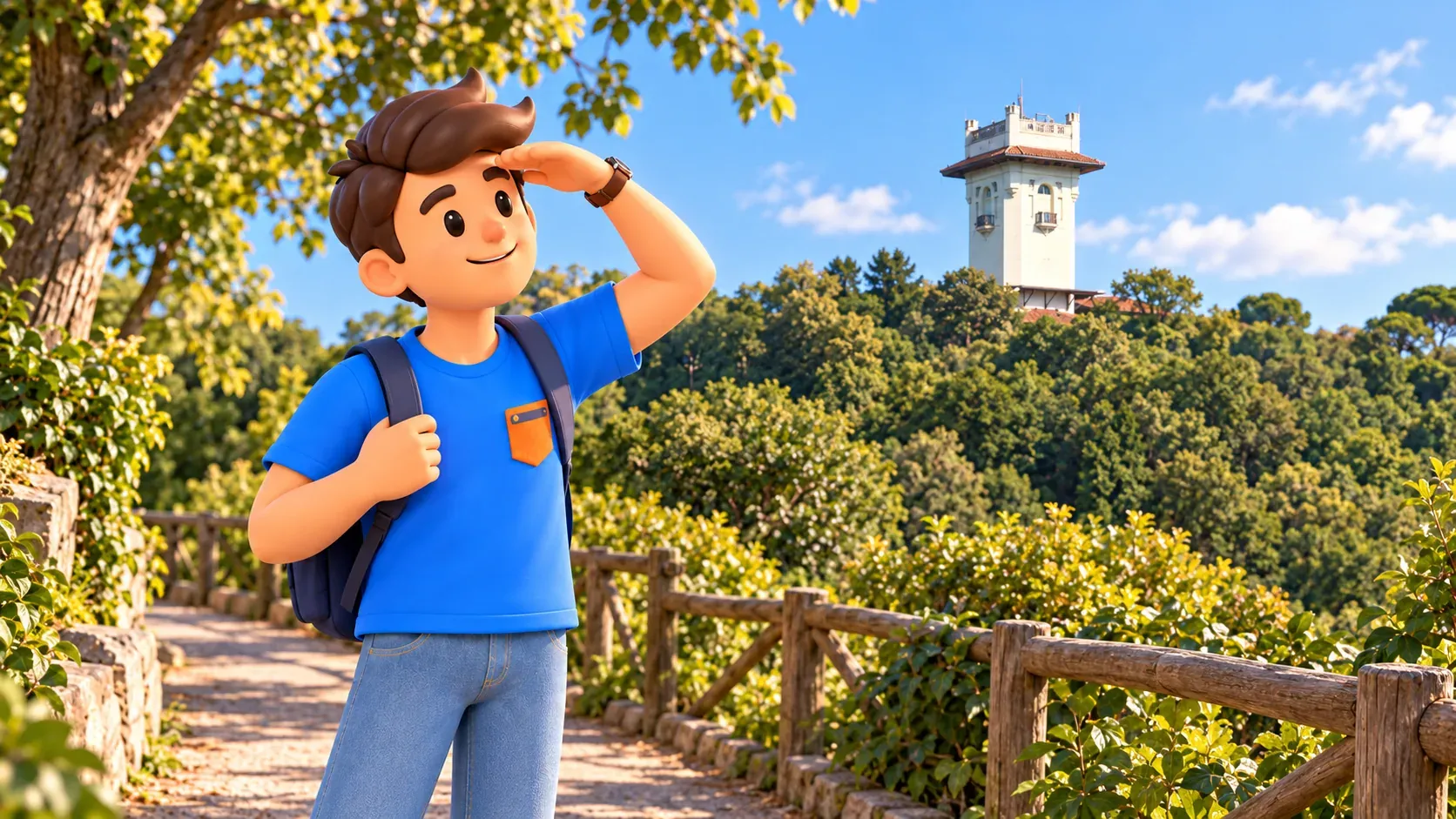 RoadMe character looking towards Hıdiv Pavilion’s tower above the trees