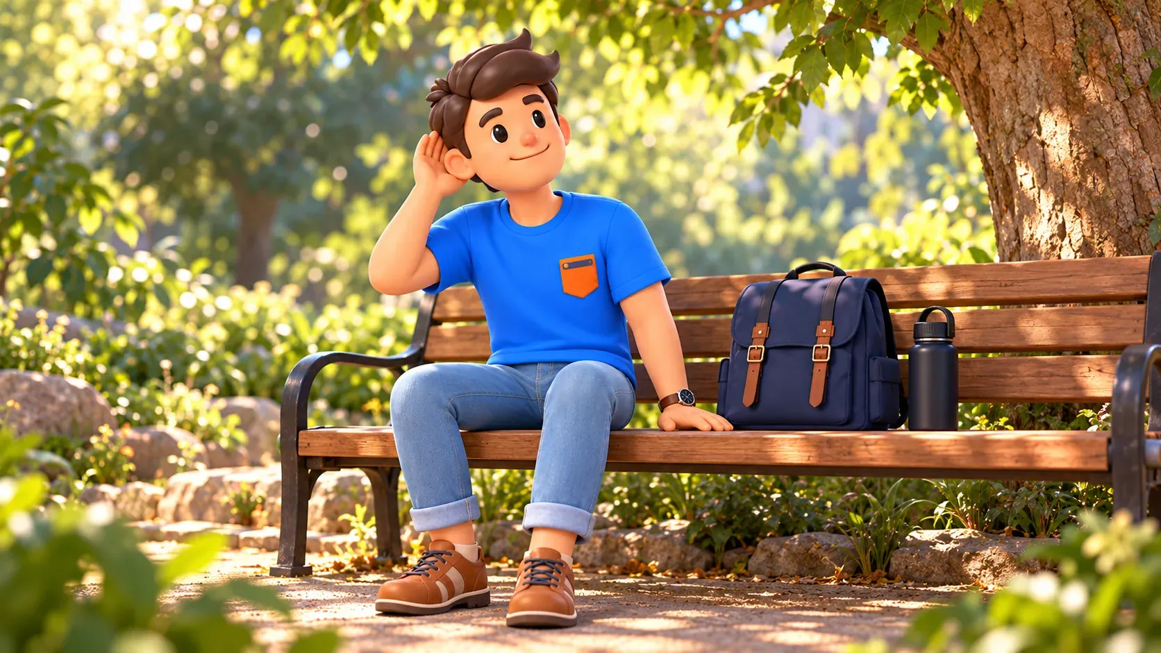 RoadMe character listening to the grove while resting on a bench
