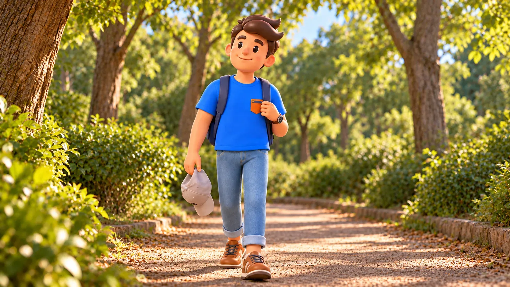RoadMe character carrying a cap on a wooded path