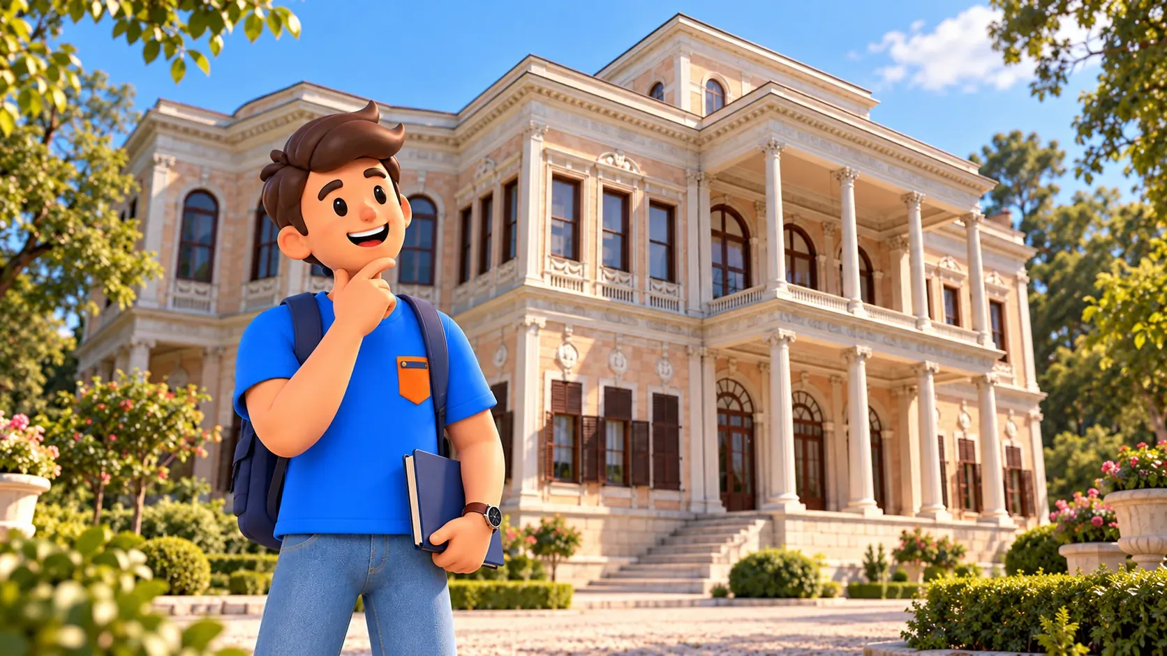 RoadMe character with a notebook looking at Beykoz Mecidiye Pavilion