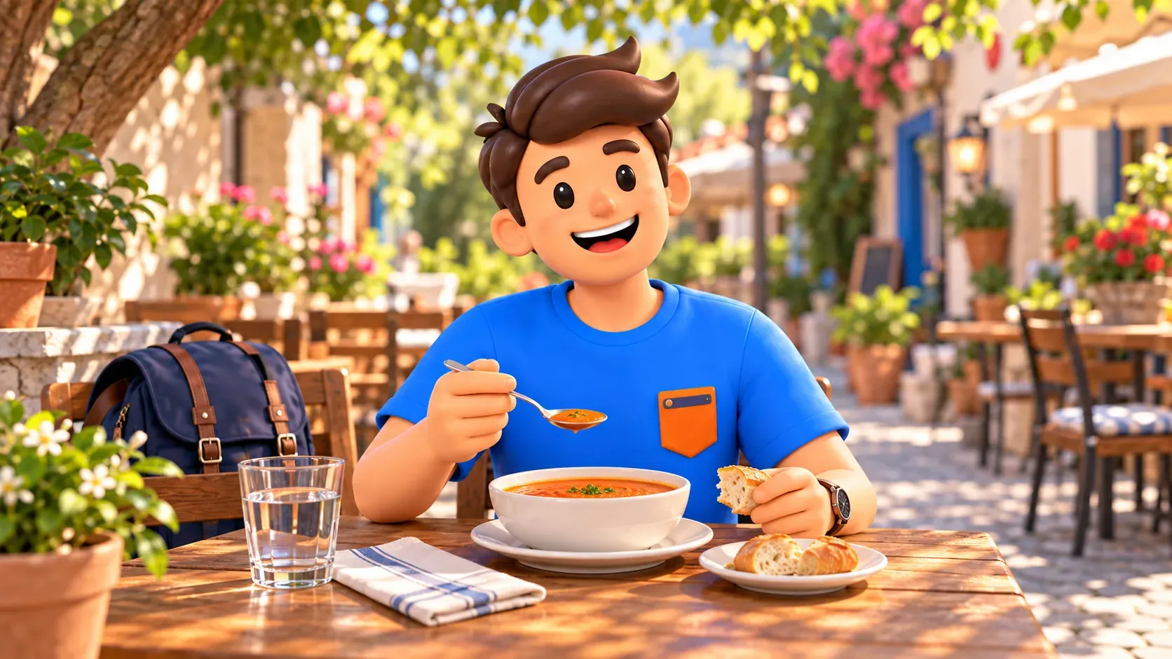 RoadMe character having lentil soup and bread at a café table