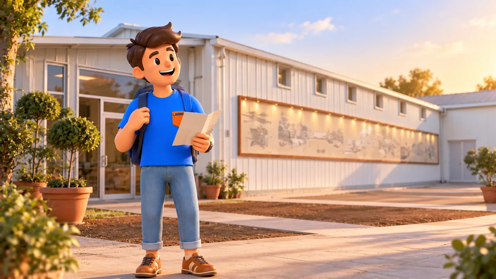 RoadMe character with a leaflet outside the islands museum hangar