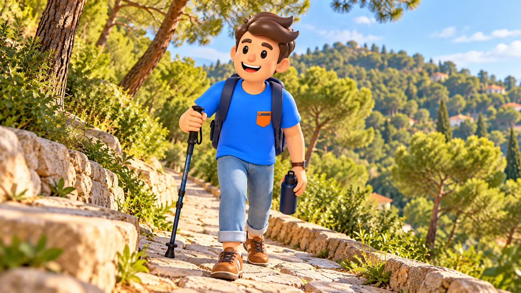 RoadMe character walking uphill with a trekking pole among pines