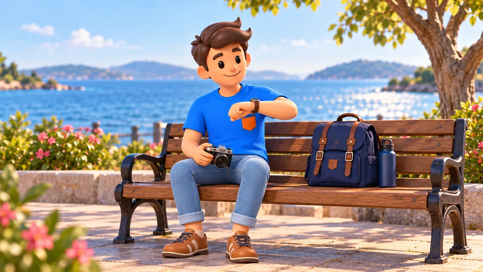 RoadMe character checking a watch on a bench beside the Marmara Sea