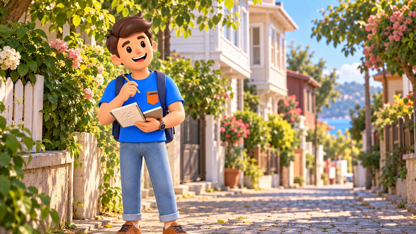 RoadMe character making notes on an island street