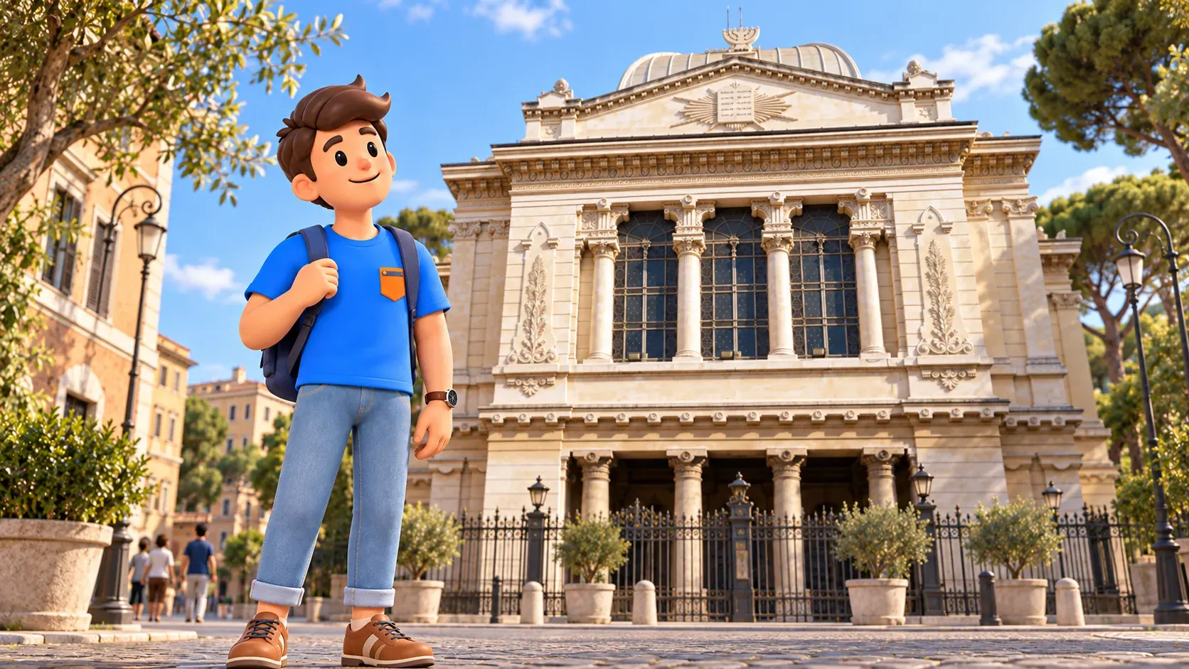 A traveller studies the façade of Rome’s Great Synagogue