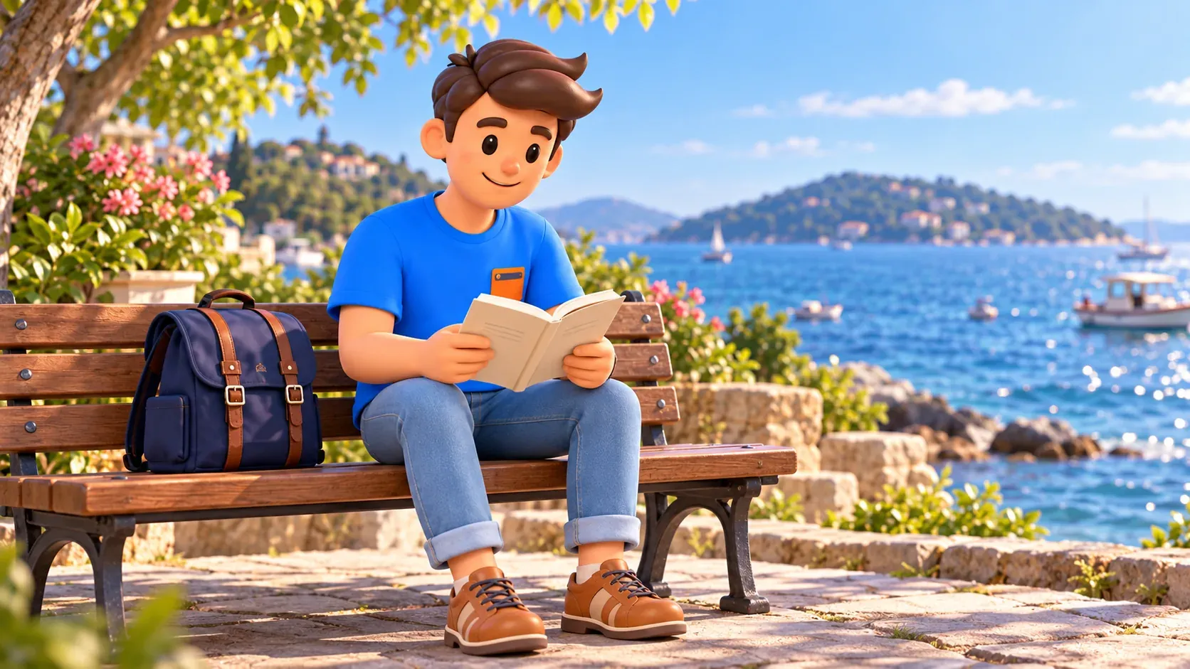RoadMe character reading on a bench by the Marmara Sea