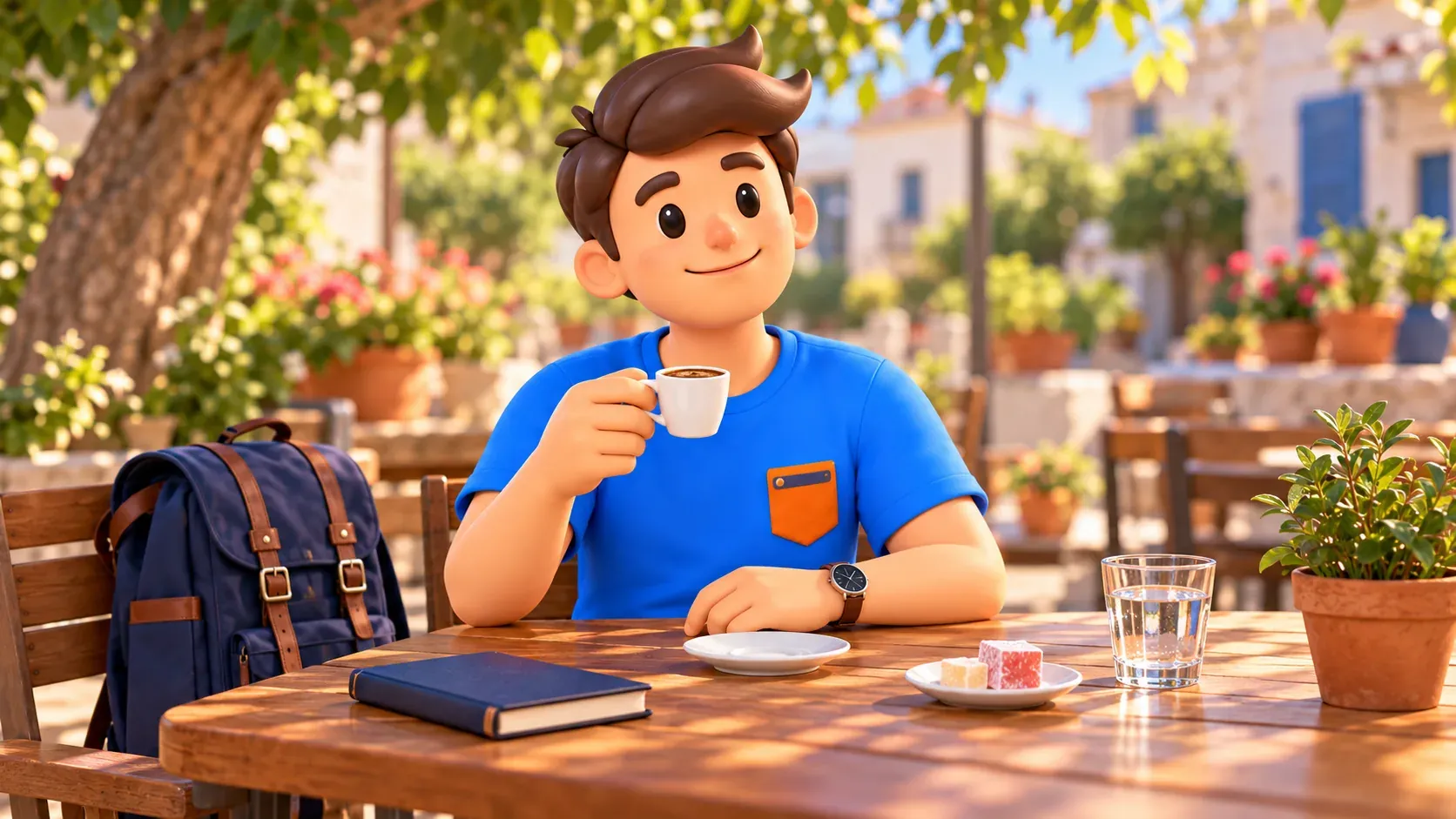 RoadMe character holding Turkish coffee at a café table