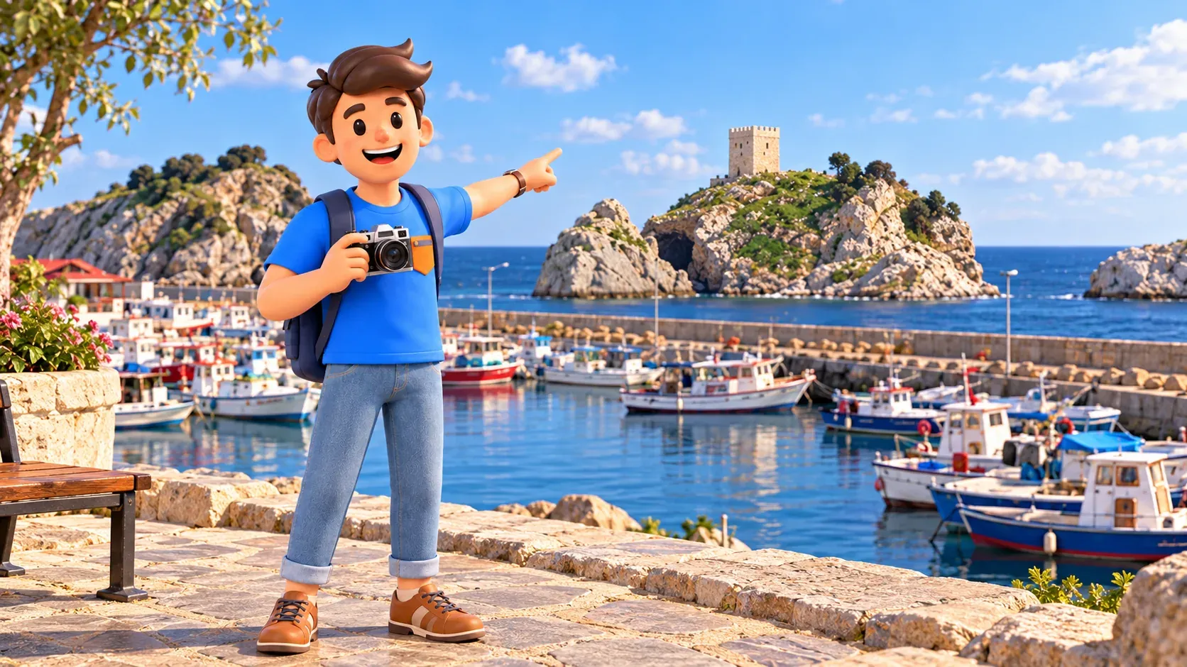 Le personnage RoadMe avec un appareil photo devant le port et la forteresse insulaire de Şile