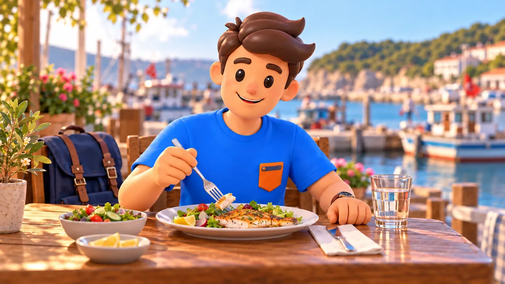 Le personnage RoadMe déjeune de poisson dans un café maritime