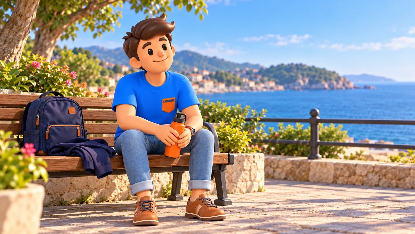 Le personnage RoadMe se repose sur un banc près de la mer avec une gourde