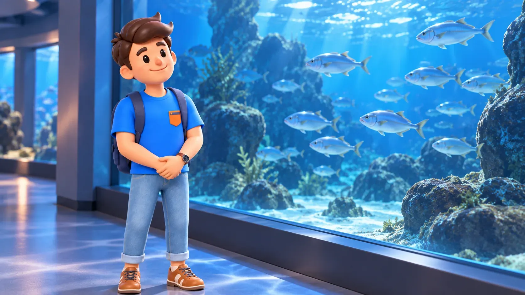 RoadMe character watching fish through an aquarium window