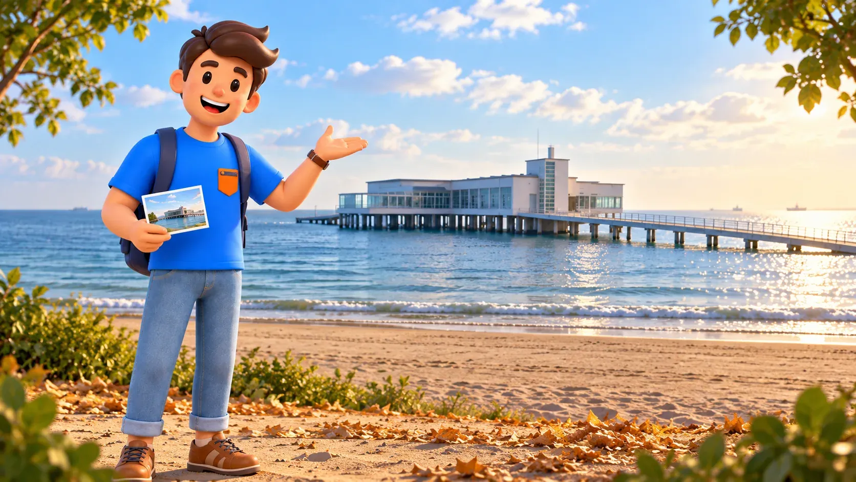 RoadMe character with a postcard and Atatürk’s Marine Mansion in the background