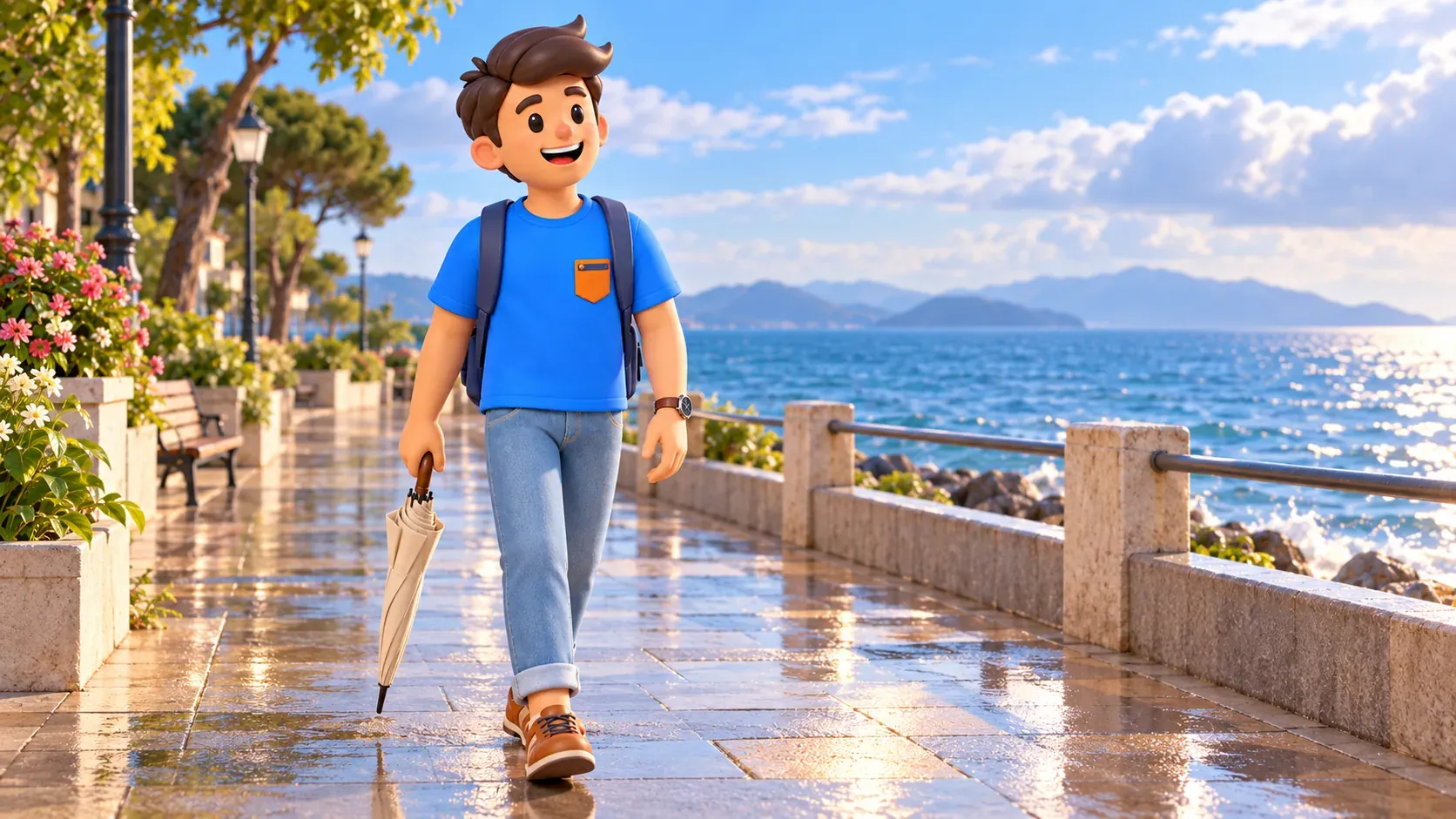 RoadMe character walking beside the sea with a folded umbrella