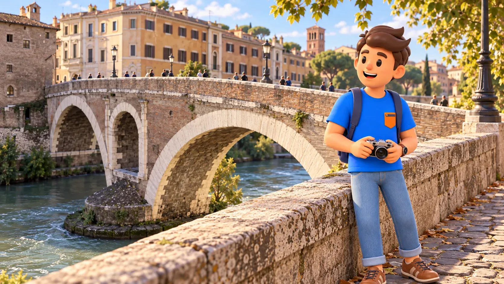 A traveller holding a camera looks towards Ponte Fabricio