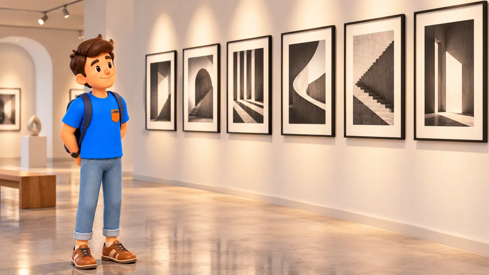RoadMe character viewing black-and-white images in an illustrative gallery