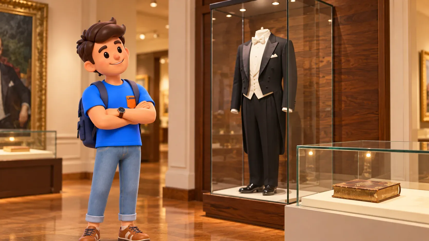 RoadMe character by a formal clothing display in a museum interior