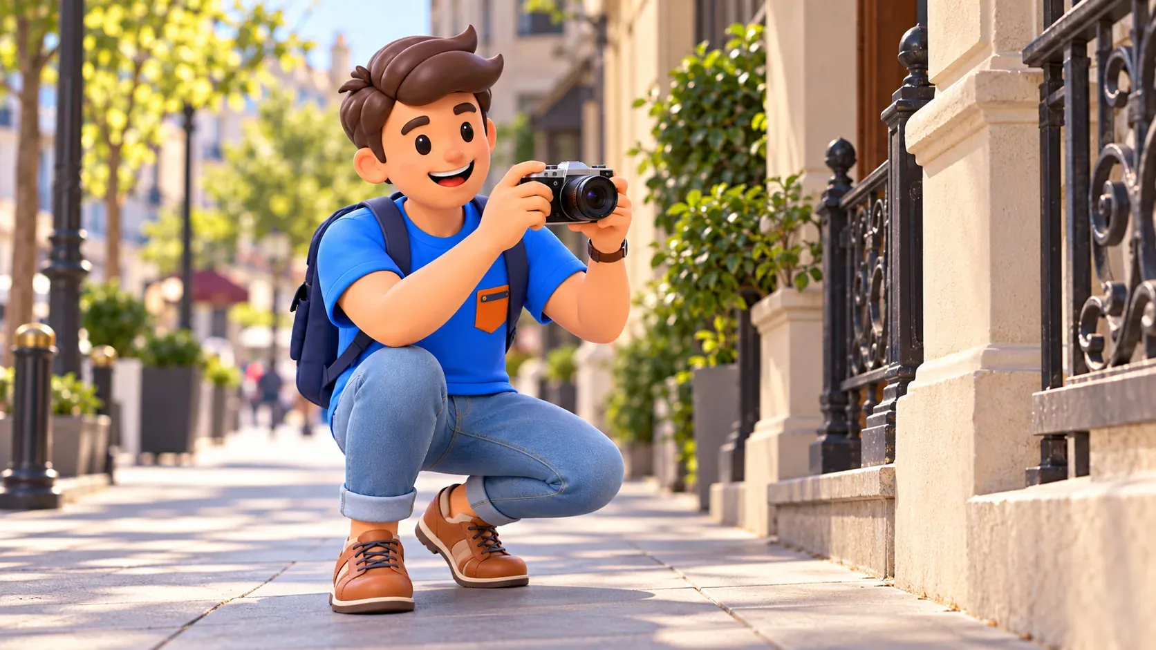 RoadMe character crouching with a camera to photograph an urban façade detail