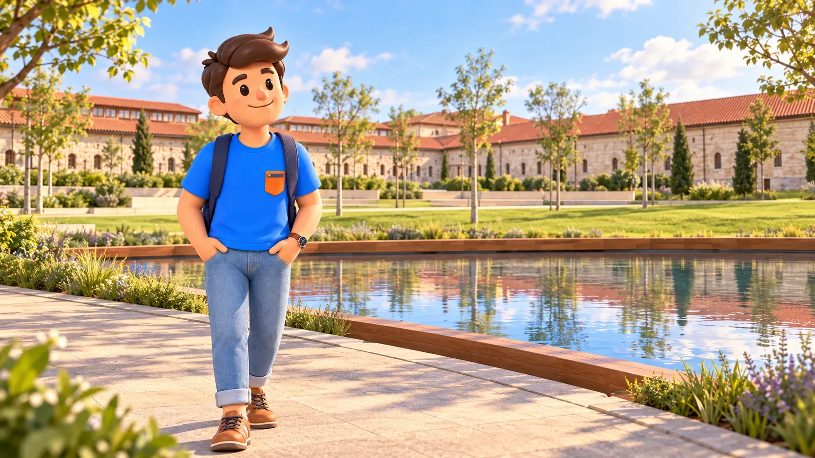 El personaje de RoadMe junto al estanque del patio de Rami