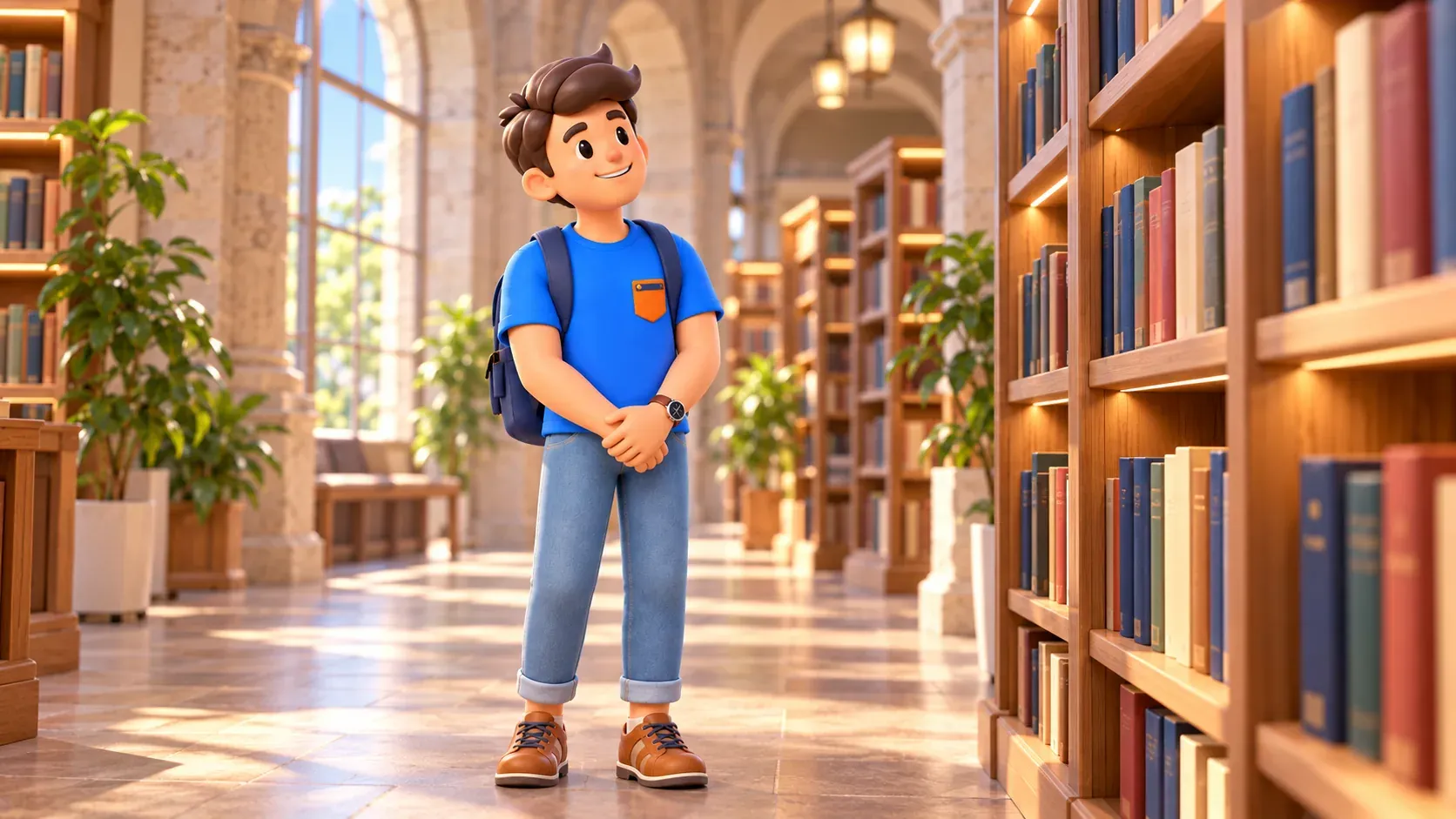 El personaje de RoadMe mira estanterías en un interior ilustrativo de biblioteca