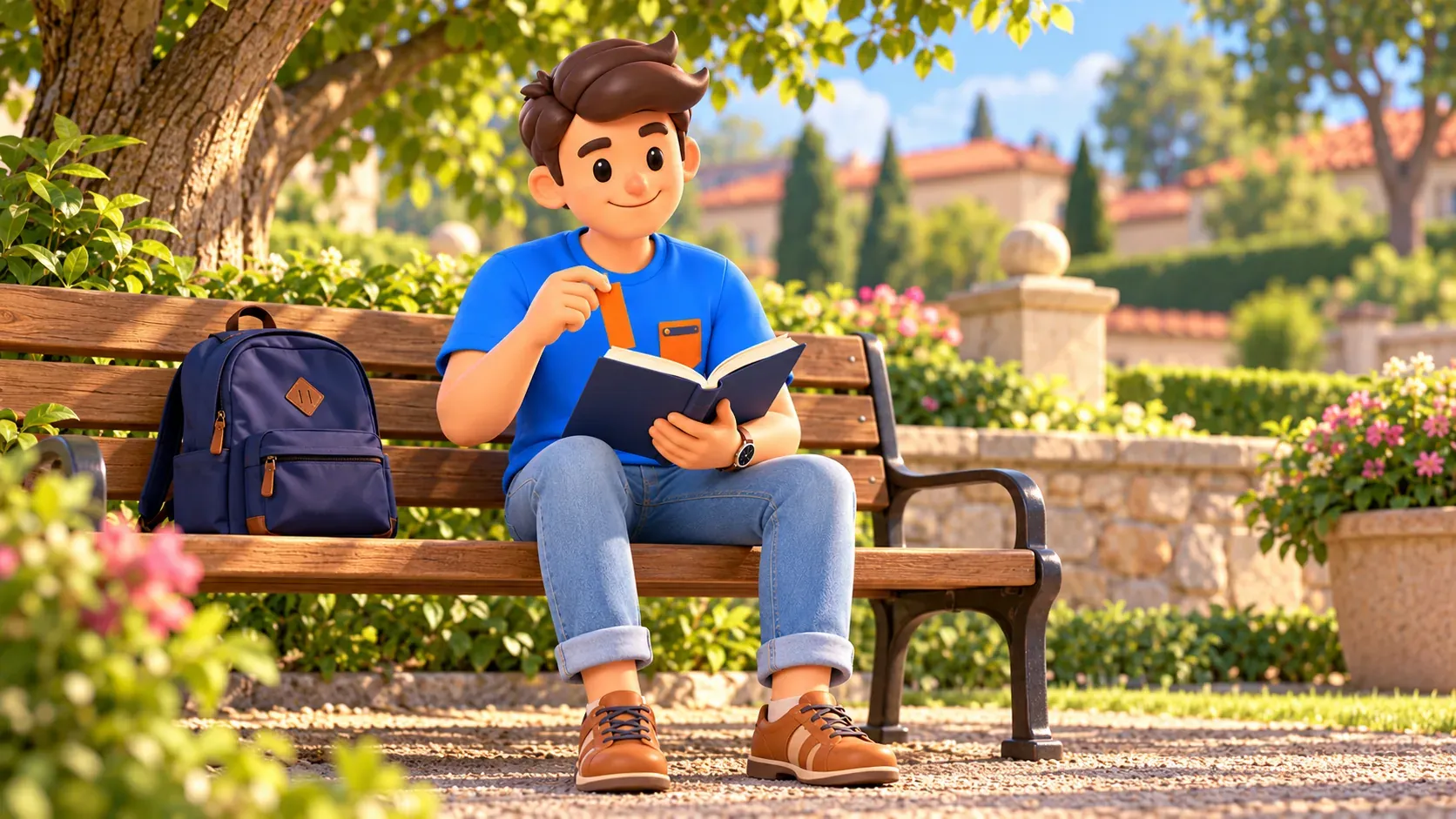 El personaje de RoadMe con libro y marcapáginas en un banco de jardín