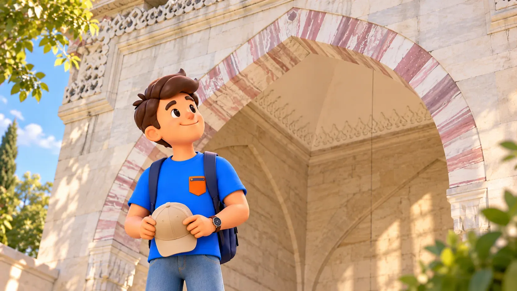 RoadMe character looking at an arch at Şehzade Mosque