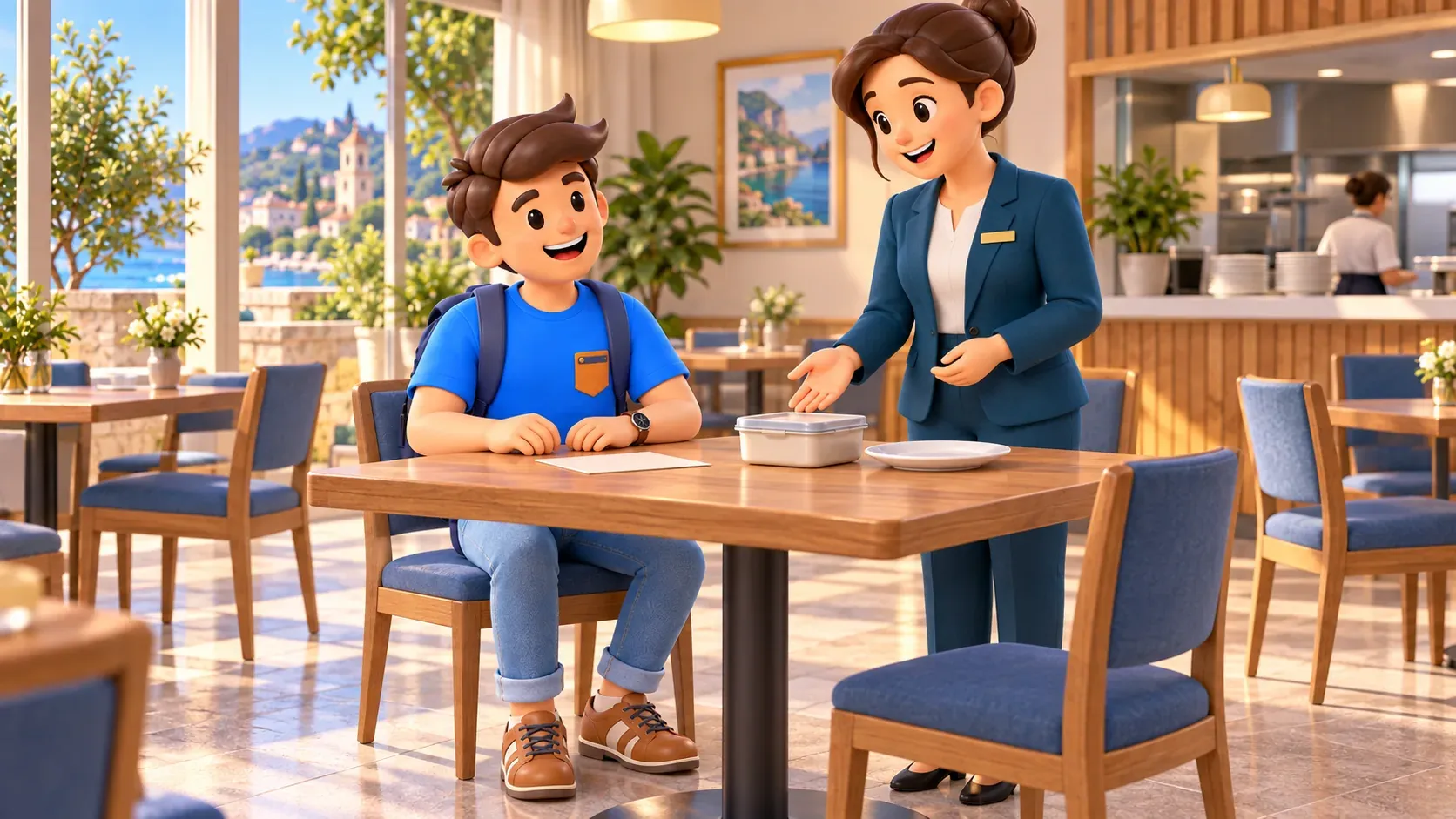 Ein Reisender bespricht die Frühstückszubereitung mit Hotelpersonal neben einer Karte, einem geschlossenen Lebensmittelbehälter und einem leeren Teller.