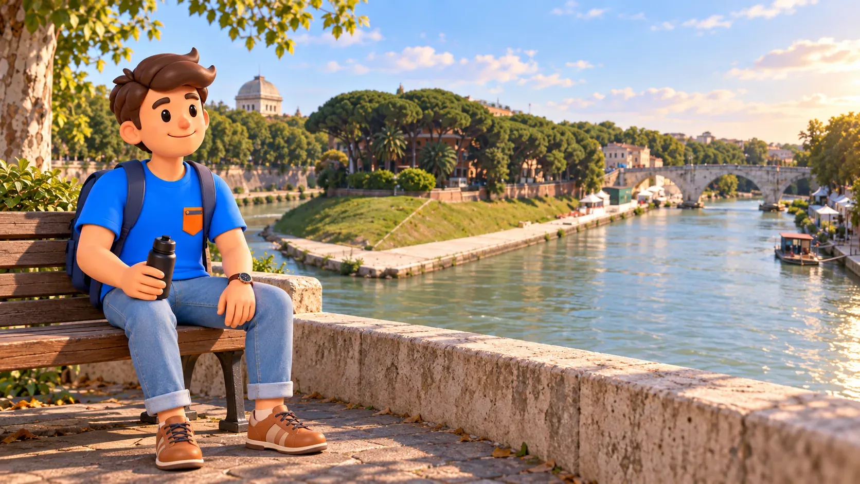 A traveller rests with a water bottle beside a view of Tiber Island