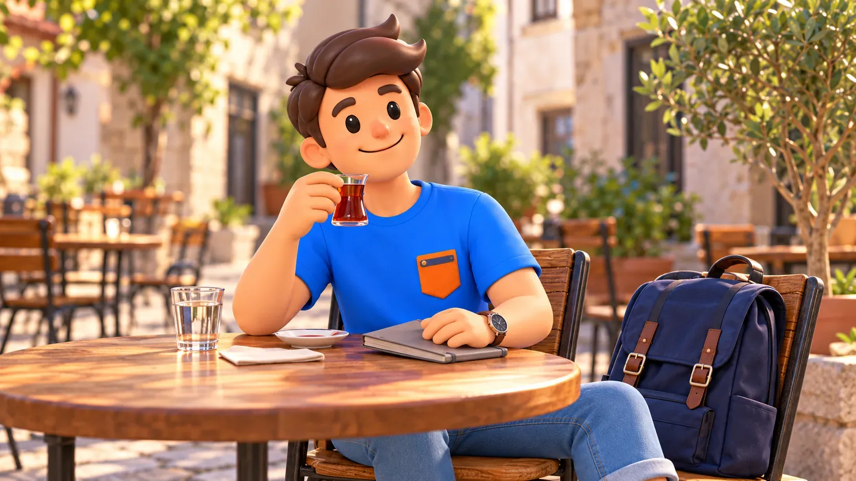 RoadMe character taking a tea break during the walk