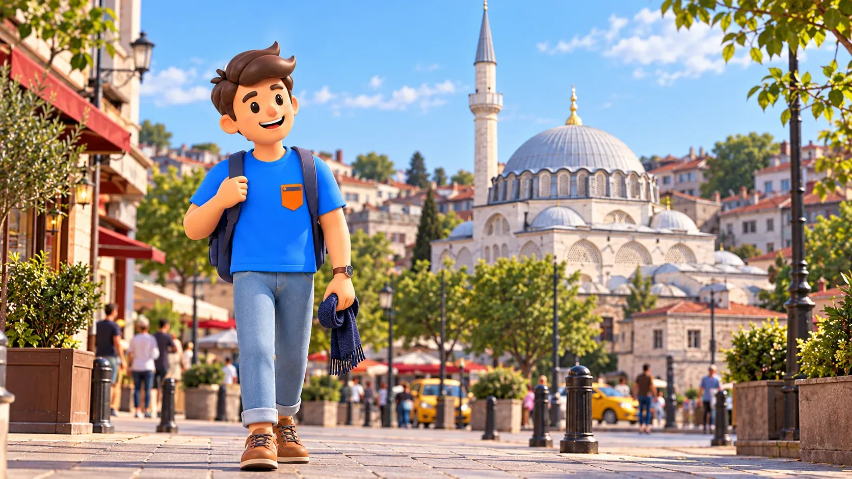 RoadMe character with Rüstem Pasha Mosque in the background