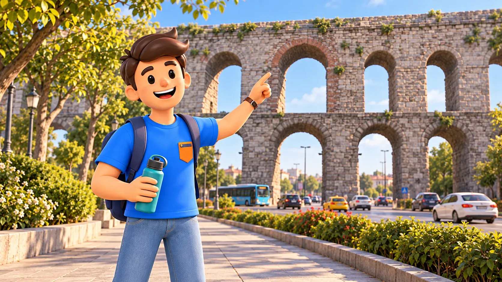 RoadMe character with a water bottle beside the Valens Aqueduct