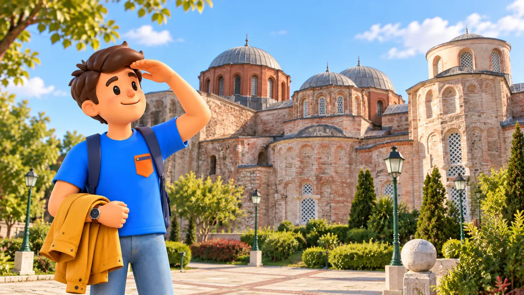 RoadMe character looking at Zeyrek’s domes