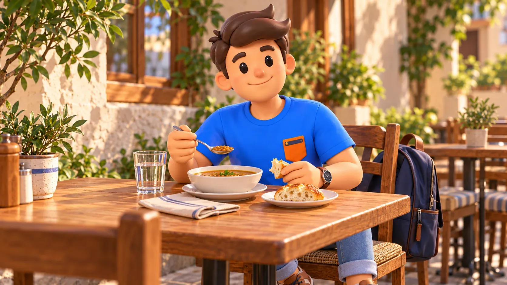 RoadMe character having lunch during an Istanbul walk