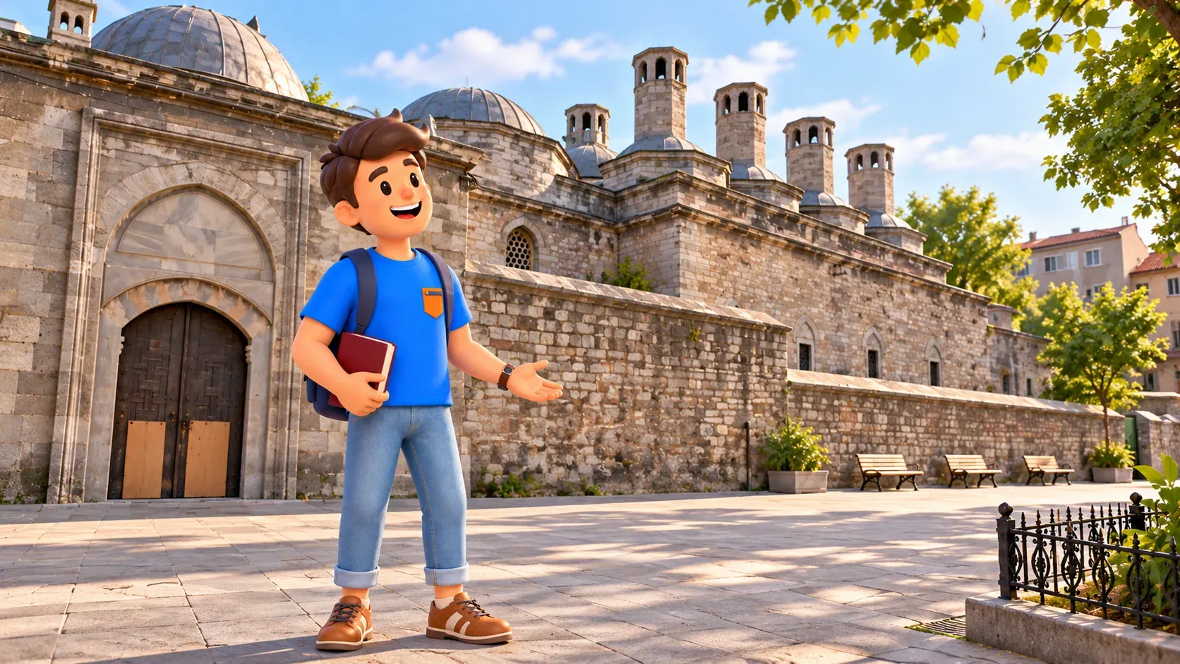 Le personnage RoadMe avec un livre près du complexe Haseki