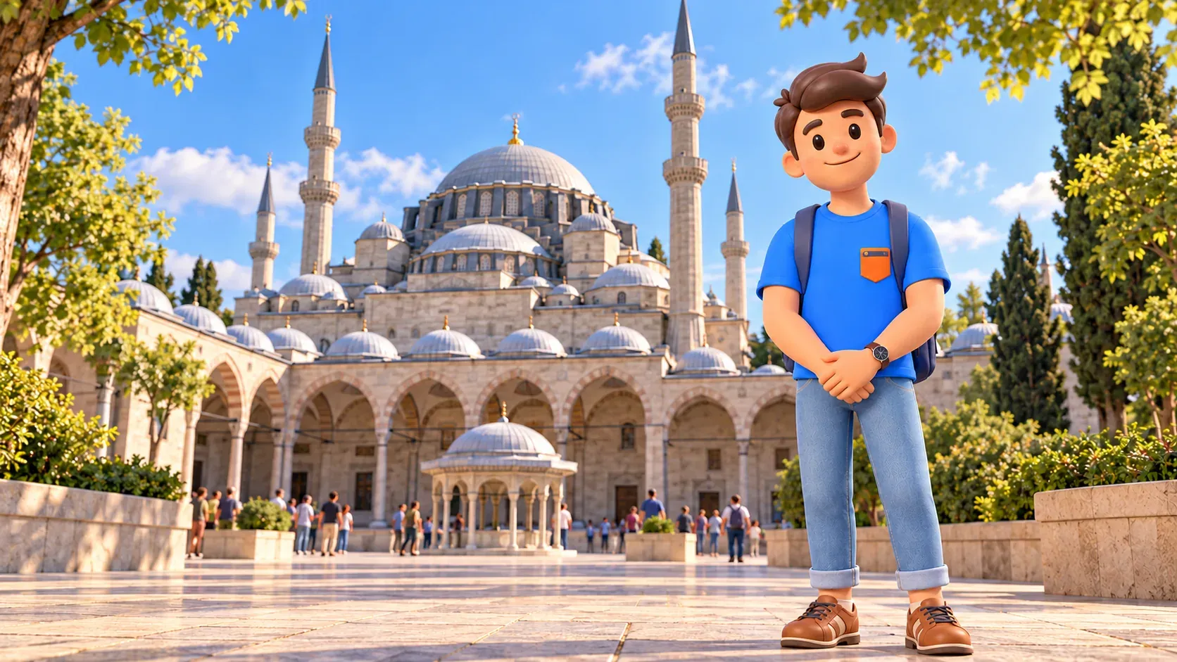 Le personnage RoadMe devant Süleymaniye, cadre de l’étape du mausolée