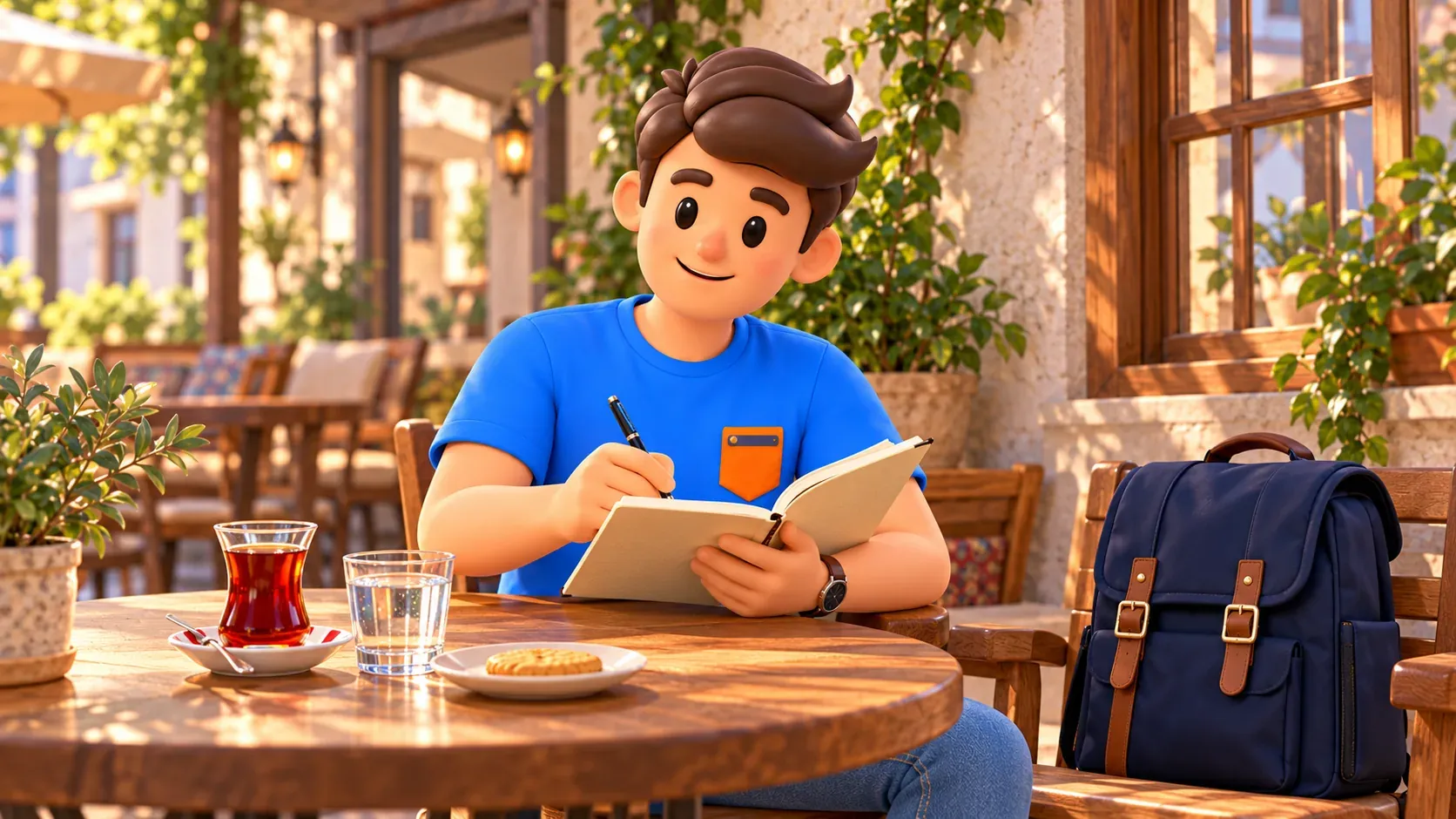 Le personnage RoadMe prend des notes autour d’un thé pendant une pause