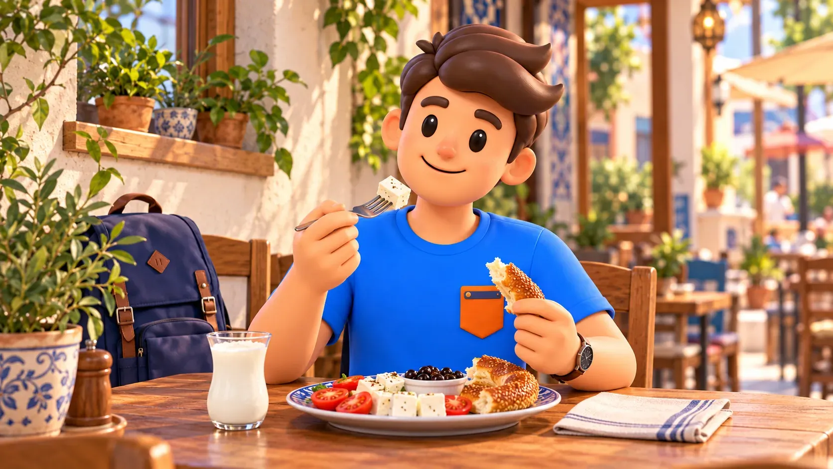 RoadMe character having lunch between museum visits