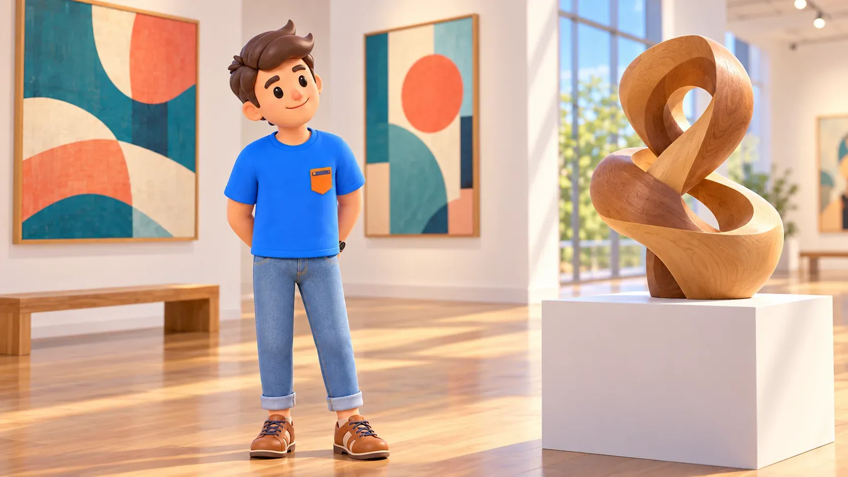 RoadMe character looking at an illustrative abstract sculpture in a gallery