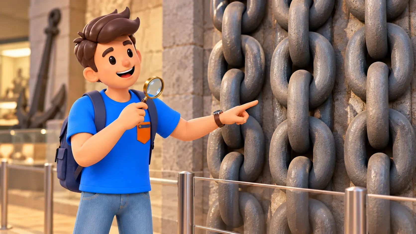 El personaje de RoadMe observa eslabones en una escena ilustrativa de museo