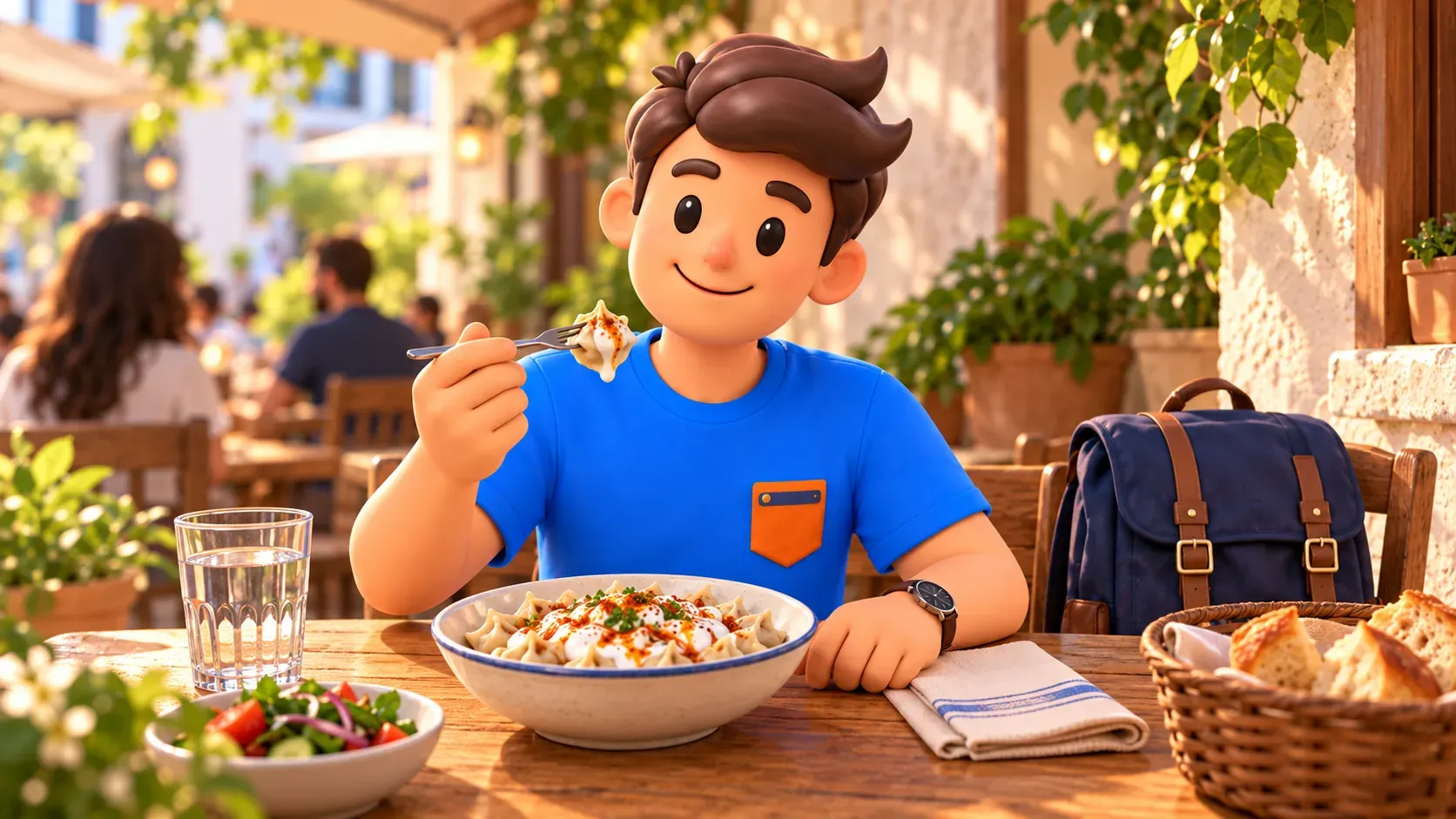 El personaje de RoadMe almuerza después de visitar el museo