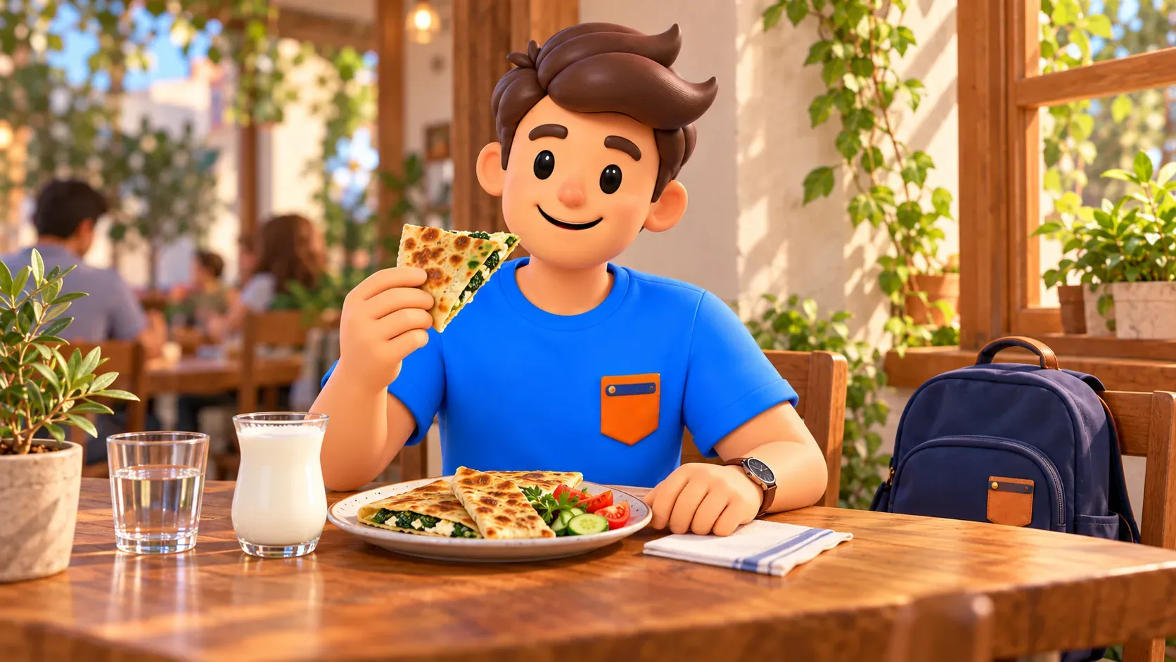 Die RoadMe-Figur beim Mittagessen vor der Fahrt zum Park