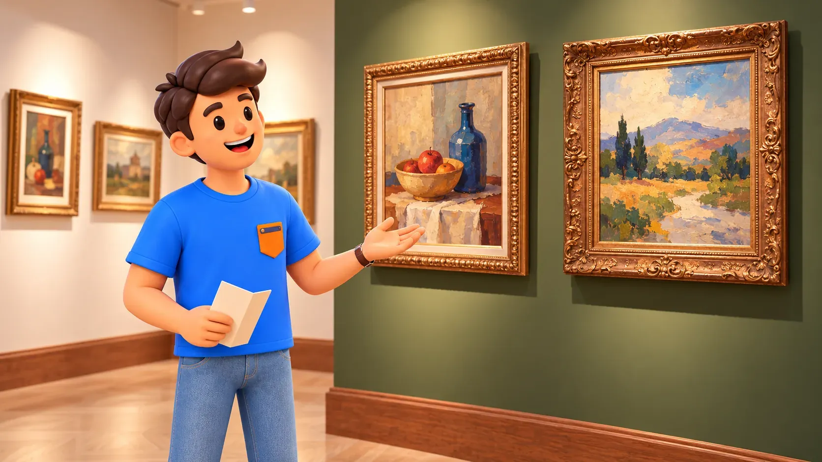 Die RoadMe-Figur in einer beispielhaften Kunstgalerie mit grüner Wand