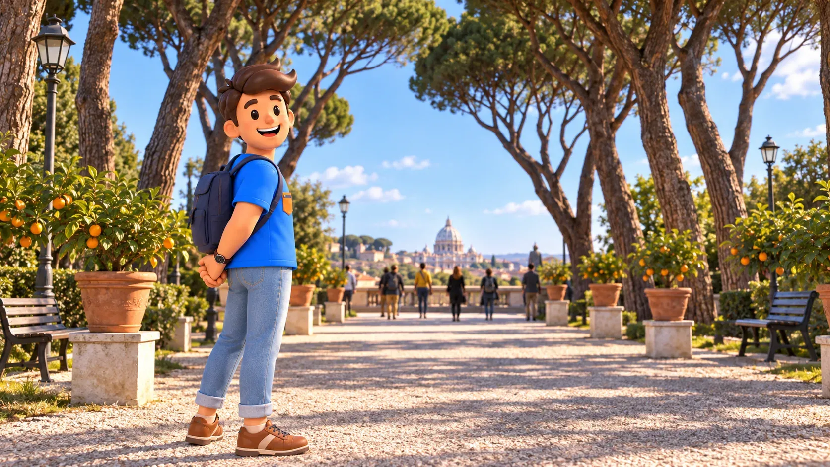 Un viajero contempla la avenida y la panorámica del jardín de los Naranjos
