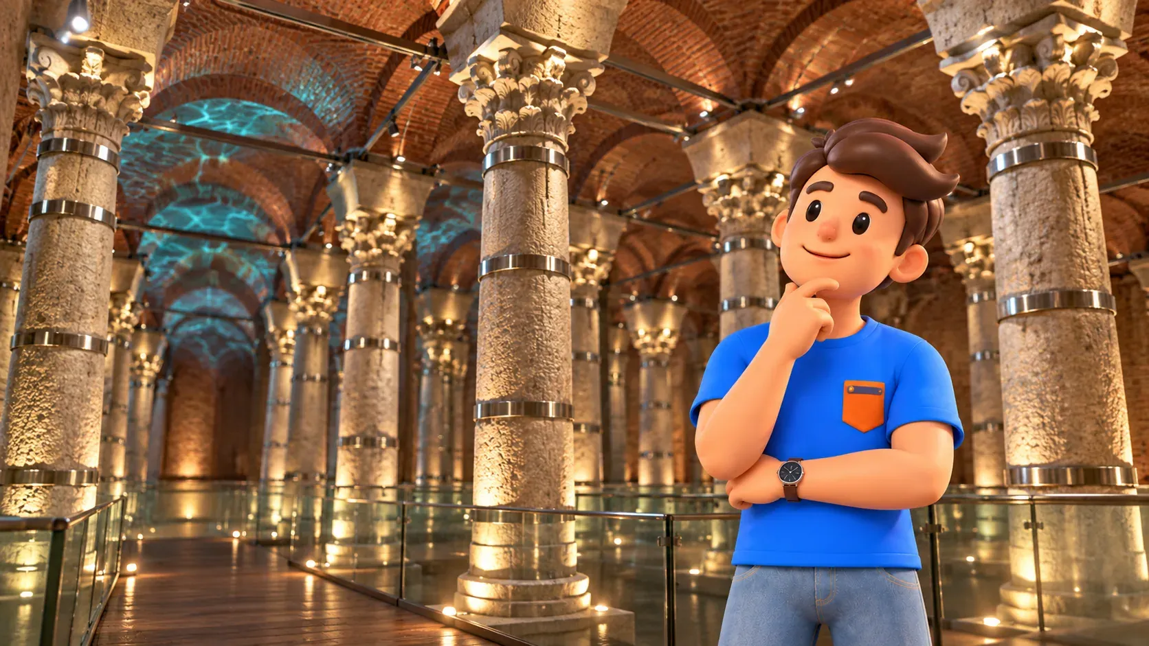 RoadMe character studying columns in the Theodosius Cistern