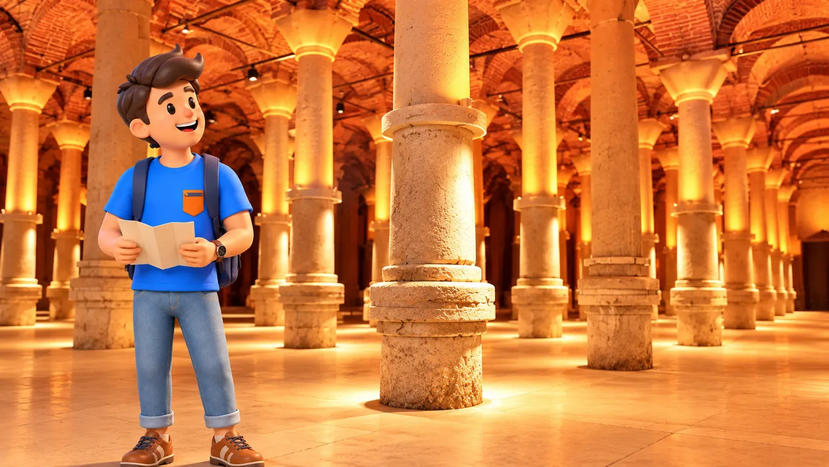 RoadMe character in the dry hall of the Cistern of Philoxenos