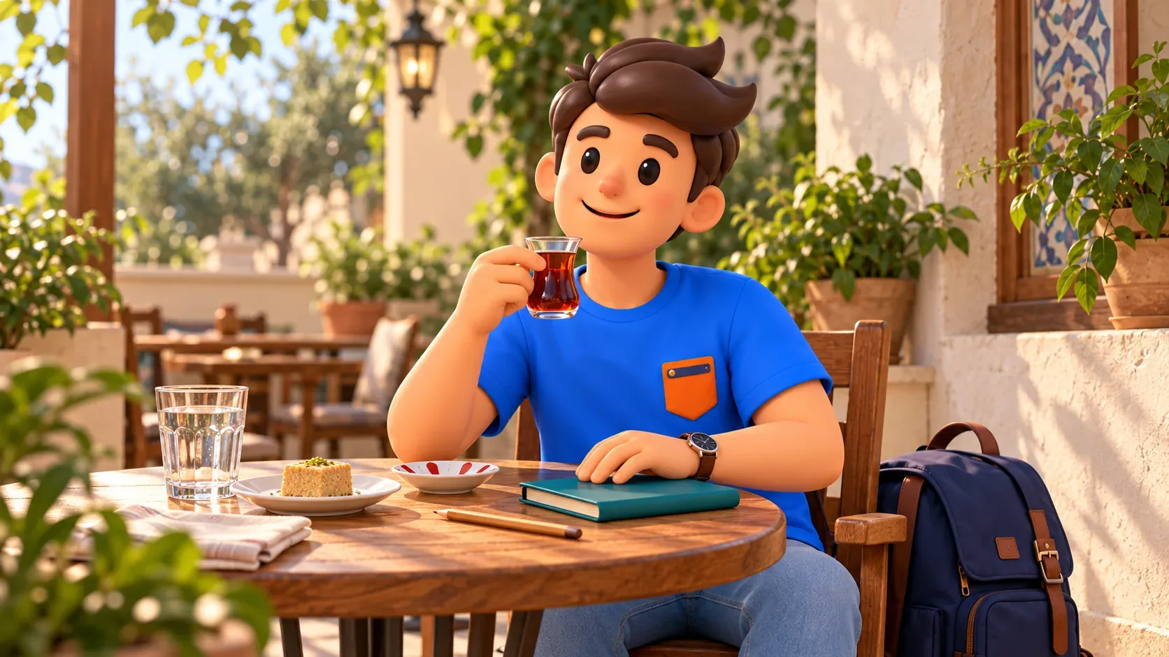 RoadMe character taking a tea break after a cistern visit