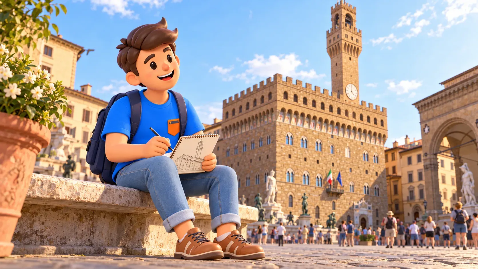 Reisender zeichnet den Palazzo Vecchio auf der Piazza della Signoria