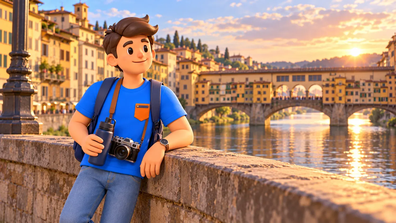 Reisender mit Wasserflasche am Arno vor dem Ponte Vecchio