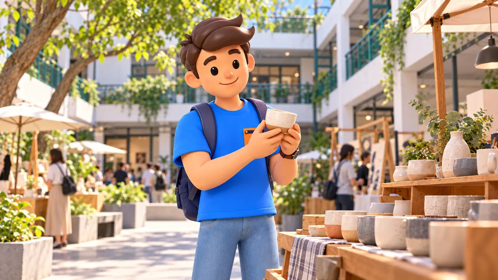 Traveller examining a ceramic cup in a creative courtyard