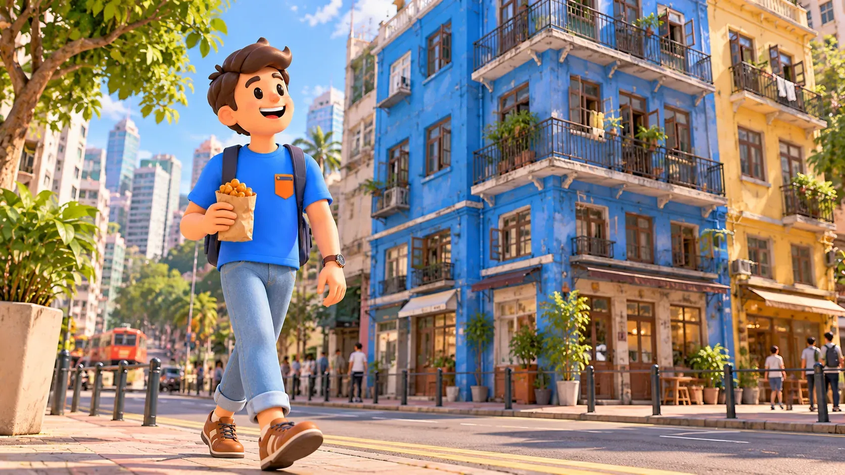 Traveller walking with a snack near a blue historic residential building